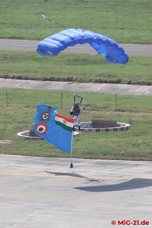Parachutists with the flags of India and of the Indian Air Force (pictured) open the programme.