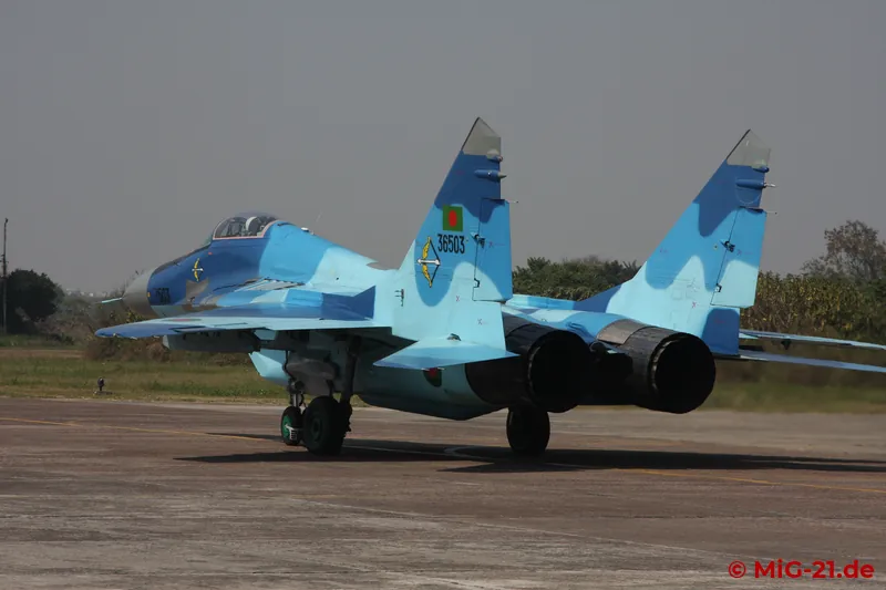 ... a MiG-29B of No. 8 Squadron taxi out for take-off.