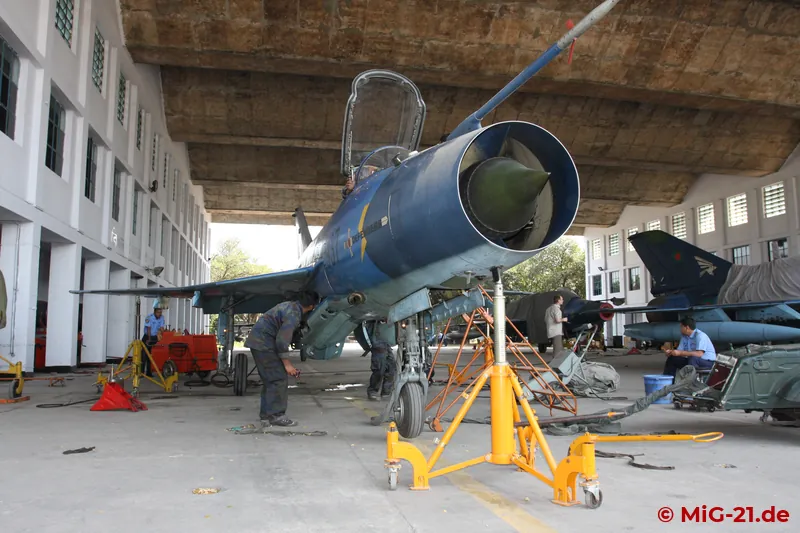 Maintenance work on an F-7BG. Bangabandhu base has a spacious maintenance hangar.