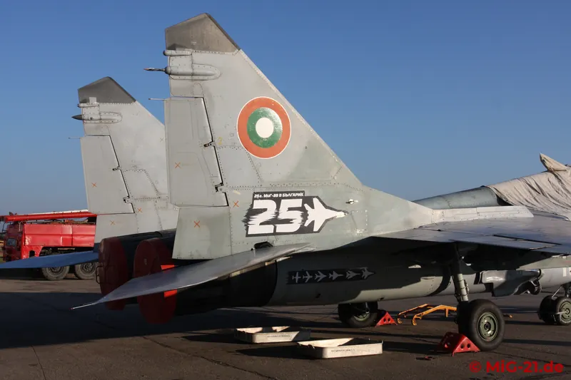 The inscription on the MiG-29 on display refers to 25 years of service of this type in Bulgaria, ...