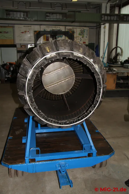A look into the nozzle of the spare engine reveals the modifications to the afterburner section.