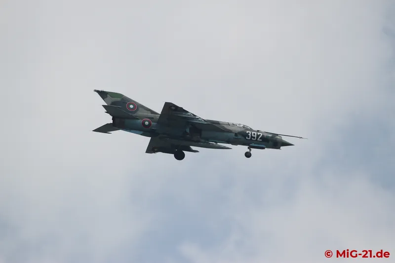 Two MiG-21s, flying with such a large interval that only one ever fitted into the picture, escorted an …